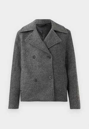 Dark gray, textured wool pea coat with wide lapels and four black buttons, displayed against a plain white background.