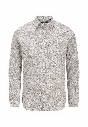 Chemise blanche à manches longues avec un imprimé floral dans des tons marron et bleu, dotée d'un col classique et d'une fermeture à boutons sur le devant. Texture de tissu douce.