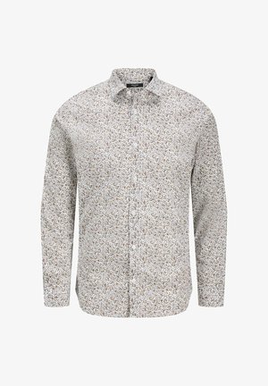 Balta garām piedurknēm krekls ar ziedu rakstu brūnos un zilos toņos, klasiskā apkaklīte un pogājama priekšpuse. Mīksta auduma tekstūra.