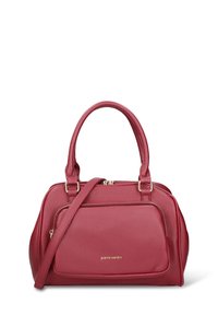 Borsa a mano in pelle rossa con finitura testurizzata, doppi manici e tracolla removibile. Presenta una tasca frontale con zip e dettaglio logo dorato.