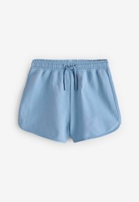 Helle blaue Sportshorts aus weichem Stoff, mit einem elastischen Bund und einer Kordel zum Verstellen sowie einem lockeren Schnitt.