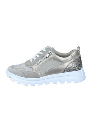 Grey sneaker with a textured silver accent, featuring a side zipper, white laces, a padded collar, and a thick white sole with traction.