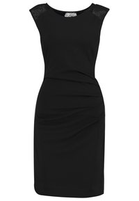 Černé bezrukávové šaty s texturovanými krajkovými ramenními akcenty, přiléhavý silueta a draperie v pase. Hladký povrch látky.