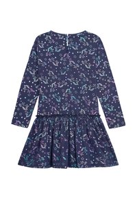 Langärmliges, marineblaues Kleid mit einem gerafften Rock, verziert mit einem bunten Einhorn- und Sternmuster, gefertigt aus weichem Baumwollstoff.
