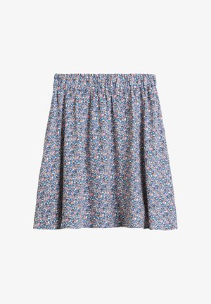 Jupe bleue avec taille élastique présentant un petit motif floral en rose, blanc et marron.