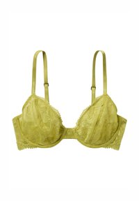 Lys grøn blonde-bh med bøjle, der har et blomsterprint, bølget blondekant og justerbare satinremme.