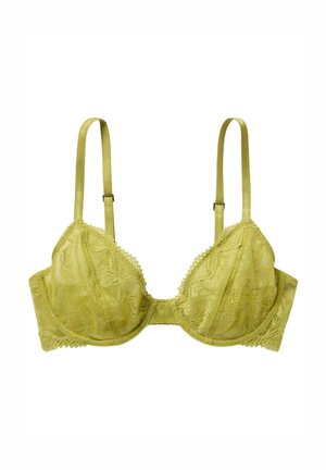 Reggiseno in pizzo verde chiaro con ferretto, caratterizzato da un motivo floreale, bordo in pizzo scallop e spalline in satin regolabili.