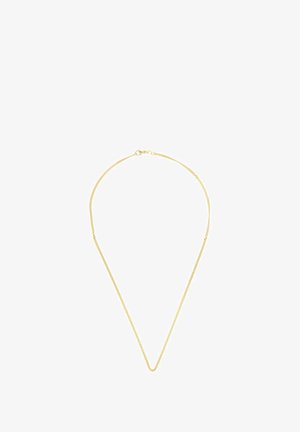 Halskette aus goldfarbenem Material mit einem dünnen, flexiblen Design, das eine V-Form bildet. Glatte Textur und sicherer Verschluss auf der Rückseite.