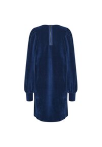 Dunkelblaues, Cordkleid mit Puffärmeln, Reißverschluss hinten und geradem Schnitt. Strukturierter Stoff mit vertikalen Rippendetails.