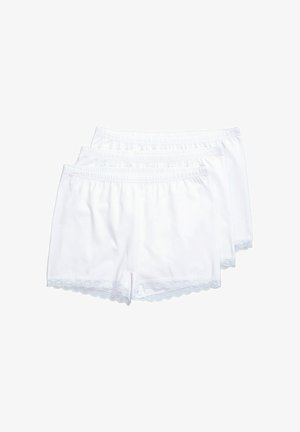 Verpakking van drie witte katoenen boyshorts. Voorzien van een elastische tailleband en kantafwerking langs de beenopeningen. Zachte textuur en gladde afwerking.