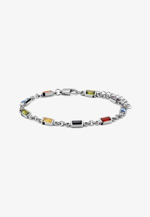 Silbernes Kettenarmband mit rechteckigen mehrfarbigen Edelsteinen, darunter Rot, Gelb, Grün, Blau und Schwarz, gleichmäßig um das Armband verteilt.