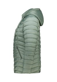 Doudoune vert clair avec capuche, présentant un design matelassé, des coutures horizontales, une poche zippée sur le côté et une texture de tissu lisse et brillante.