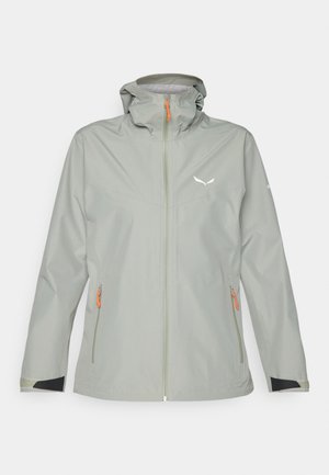 Light grey waterproof jacket with a hood, featuring orange zipper pulls, black accents at the cuffs, and a reflective logo on the chest.