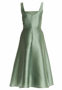 Robe midi vert sauge sans manches avec finition satinée, décolleté carré et corsage ajusté s'évasant en une jupe trapèze.
