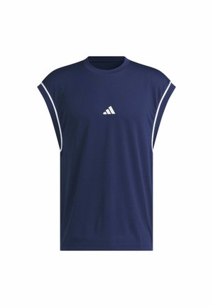 Marineblauw sport tanktop met een ronde halslijn, brede armsgaten en witte accenten. Heeft een klein wit logo aan de voorkant.