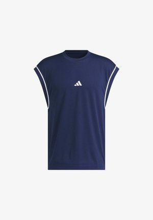 Canottiera sportiva blu navy con scollatura rotonda, ampie maniche e dettagli bianchi. Presenta un piccolo logo bianco sul davanti.