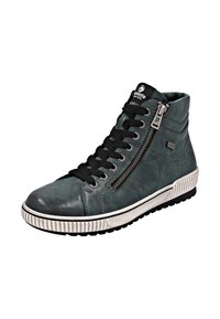 Baskets montantes en cuir vert foncé avec des lacets noirs, détail de fermeture éclair sur le côté et semelle en caoutchouc blanche avec motif texturé.