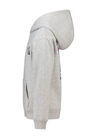 Haut de sweat-shirt gris clair avec une grande capuche, poches latérales, poignets côtelés et un design graphique imprimé sur le devant. Texture de tissu douce.