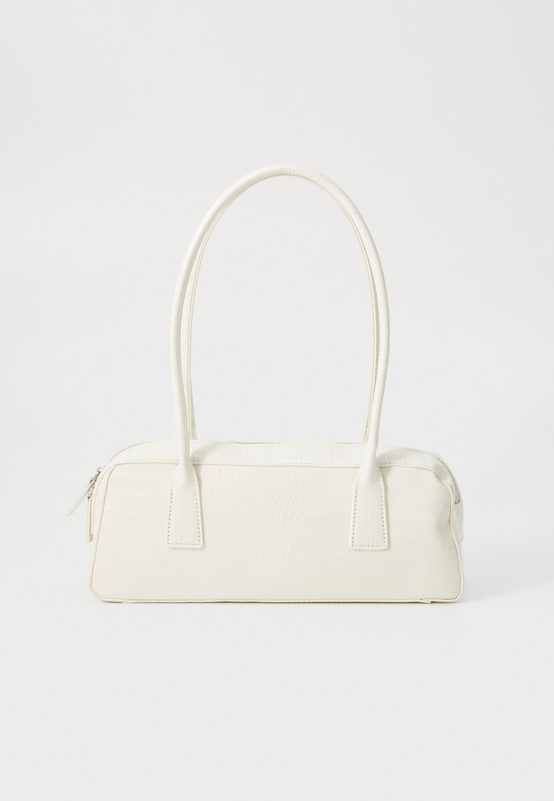 White faux leather handbag with a crocodile texture, rectangular shape, two short handles, and a zip closure at the top.