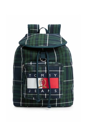 Zielono-granatowy plecak w kratę z przednią kieszenią na suwak, zamknięciem na sznurek, wyściełanymi paskami na ramiona i naszywką z logo Tommy Jeans.