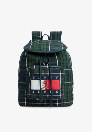 Zielono-granatowy plecak w kratę z przednią kieszenią na suwak, zamknięciem na sznurek, wyściełanymi paskami na ramiona i naszywką z logo Tommy Jeans.
