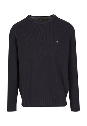 Granatowy sweter z dzianiny o okrągłym dekolcie, prążkowanej teksturze, długich rękawach i małym logo drzewa na piersi.