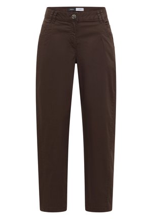 Pantalon marron à jambes droites avec fermeture à bouton et à glissière, poches avant et passants pour ceinture, présenté sur fond blanc.