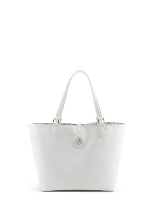 Borsa tote in pelle bianca con doppi manici e un emblema circolare in oro al centro frontale, con una fodera interna dal motivo discreto.