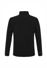 Schwarzer Pullover mit langen Ärmeln und hohem Kragen, von hinten auf weißem Hintergrund gezeigt.