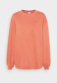 Sudadera de gran tamaño en color coral, fabricada con un tejido suave, con cuello redondo, puños acanalados y un pequeño logo en el pecho. Textura suave.