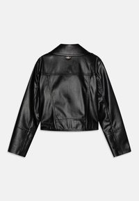 Black cropped leather jacket with long sleeves, notch collar, and visible stitching details. Back features a small logo above the neckline.