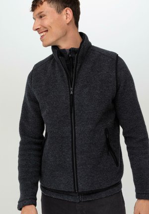 Fleecejacke in Dunkelgrau mit hohem Kragen und vollem Reißverschluss. Verfügt über zwei seitliche Taschen mit Reißverschlüssen und strukturiertem Stoff.