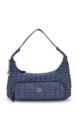 Borsa a spalla blu scuro in tessuto con motivo geometrico, dotata di una tasca anteriore con zip e di un charm decorativo in metallo.