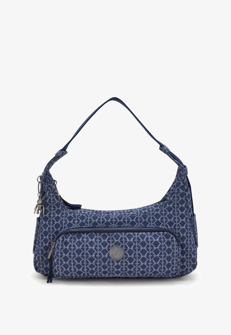 Granatowa torba na ramię wykonana z tkaniny w geometryczny wzór, z przednią kieszenią na zamek błyskawiczny i dekoracyjnym metalowym zawieszką.