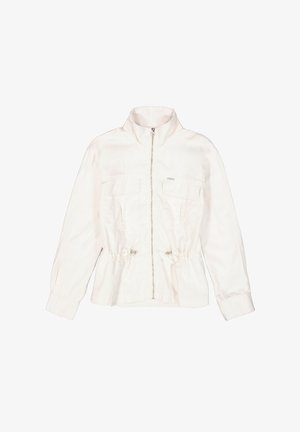 Leichte weiße Jacke mit hohem Kragen, Frontreißverschluss, zwei Brusttaschen und verstellbarem Kordelzug in der Taille. Lange Ärmel.