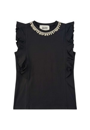 Top nero senza maniche con volant sui lati e scollo rotondo decorato con una fila di perline lucide.