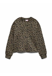 Lühendatud dressipluus gepardi mustriga, musta ja pruunika tooniga, ümmarguse kaelusega ja pikad varrukad elastsete mansettidega. Pehme tekstuur.