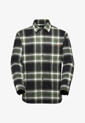 Karierte Flanellhemd in Dunkelgrün, Schwarz und Weiß. Verfügt über Knöpfe, einen Kragen und eine einzelne Brusttasche. Weiche Textur.