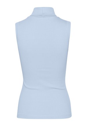 Light blue sleeveless turtleneck top, made of ribbed fabric with a fitted silhouette. Smooth texture, minimal stitching detail.