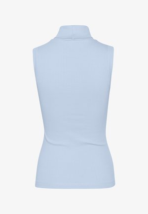 Lyseblå ærmeløs turtleneck-top, lavet af ribbet stof med en tætsiddende silhuet. Glat tekstur, minimal syning detalje.