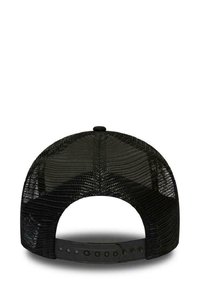 Black baseball cap with a curved visor, mesh back, adjustable plastic snap closure, and solid black accents.