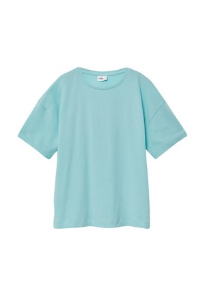 Jasnoniebieska koszulka wykonana z miękkiej bawełny, z okrągłym dekoltem, krótkimi rękawami i luźnym krojem, bez widocznych wzorów lub akcentów.