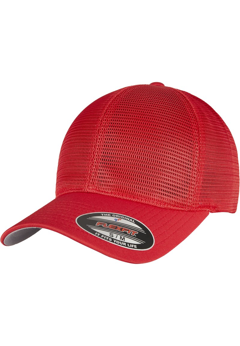 Rød mesh-kasket med en struktureret design, buet skygge og et logo-patch på forsiden. Materialet har en åndbar mesh-textur.