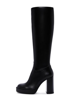 Black knee-high boot made of smooth leather. Features a rounded toe, a chunky high heel, and a minimalist design with no visible patterns.