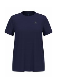 Donkerblauwe T-shirt met korte mouwen van gladde stof, voorzien van een subtiele logo-opdruk op de borst en een klassieke ronde hals.