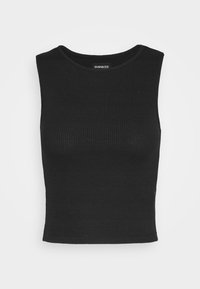 Bez rękawów, czarny prążkowany top crop z okrągłym dekoltem i metką marki "Even&Odd" na wewnętrznej stronie kołnierzyka z tyłu.