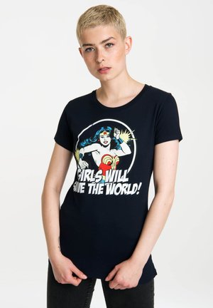 Navy short-sleeve t-shirt featuring a graphic of Wonder Woman and the text "Girls Will Save The World!" in bold white letters.