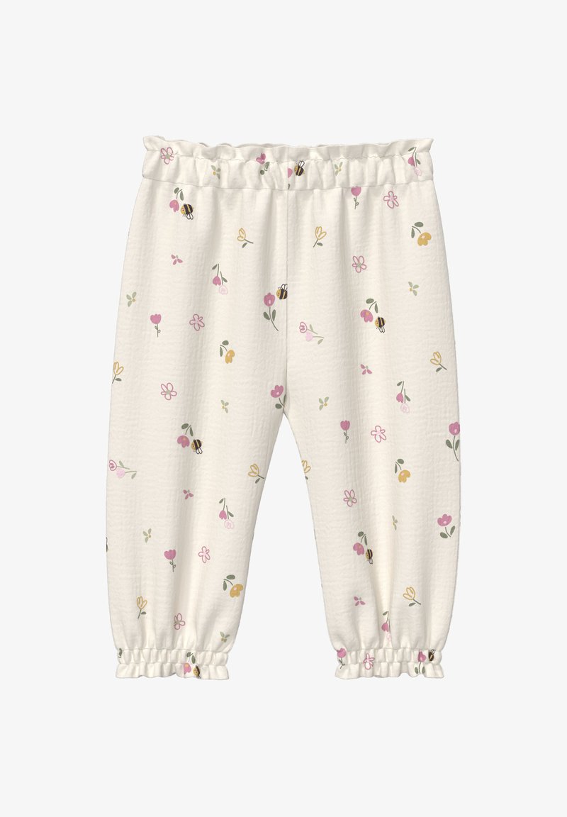 Pantaloni bianchi per bambini con vita e polsini elastici, decorati con un motivo di piccoli fiori rosa, gialli e verdi e api.