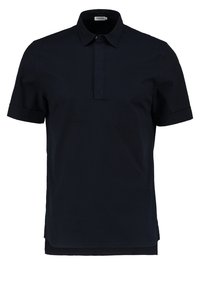 Polo-shirt à manches courtes bleu marine avec un col traditionnel, une patte de boutonnage à l'avant et un ourlet droit. Fabriqué en tissu lisse avec un léger éclat.