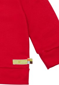 Felpa rossa a maniche lunghe con polsini a costine, dotata di un'etichetta in tessuto verde e quadrati multicolori. Materiale in cotone morbido.
